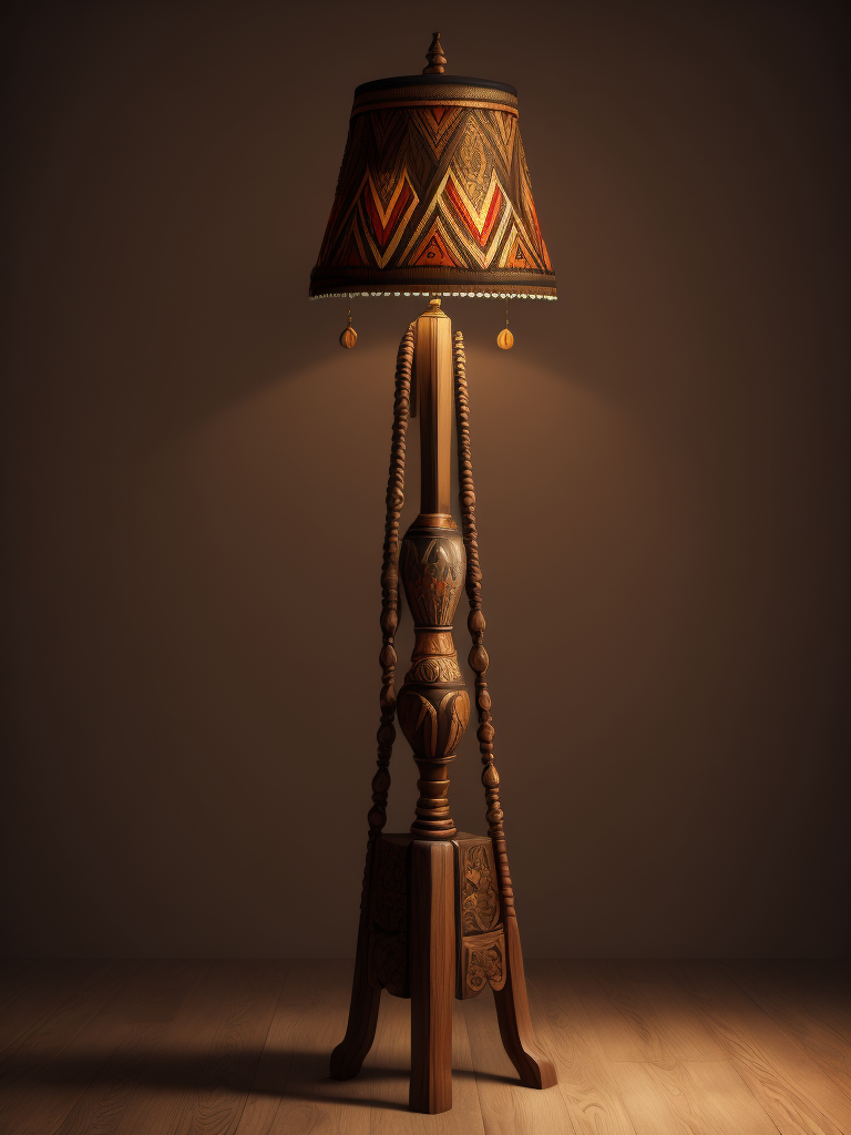 Floor lamp with carved wooden leg, first nation motives, north america redskin