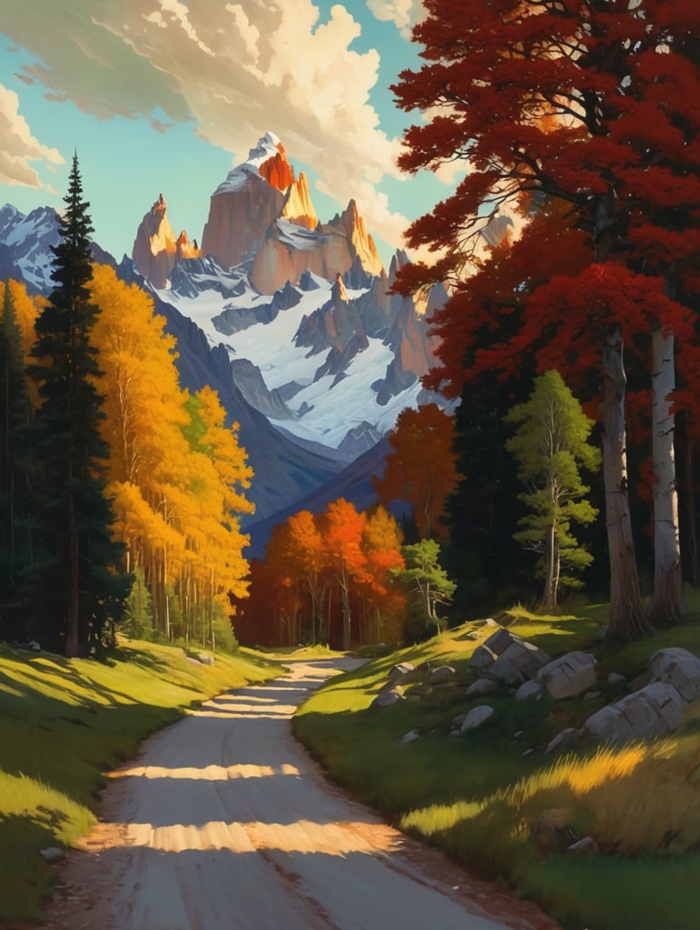 Painting by sargent and rhads and leyendecker and greg hildebrandt evening sky, low thunder clouds foothpath with trees at indian summer with zugspitze fitz roy in background, colours green, red, blue black and white