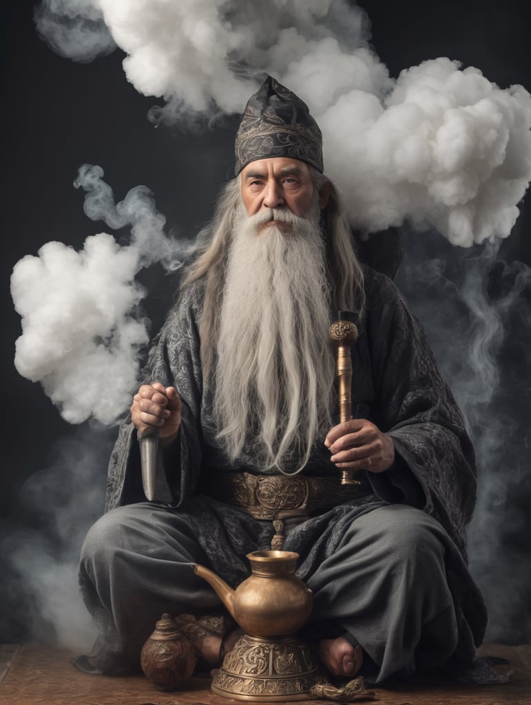 old wizard with a long beard sitting cross-legged, smoking a large hookah pipe with a huge cloud of smoke above him