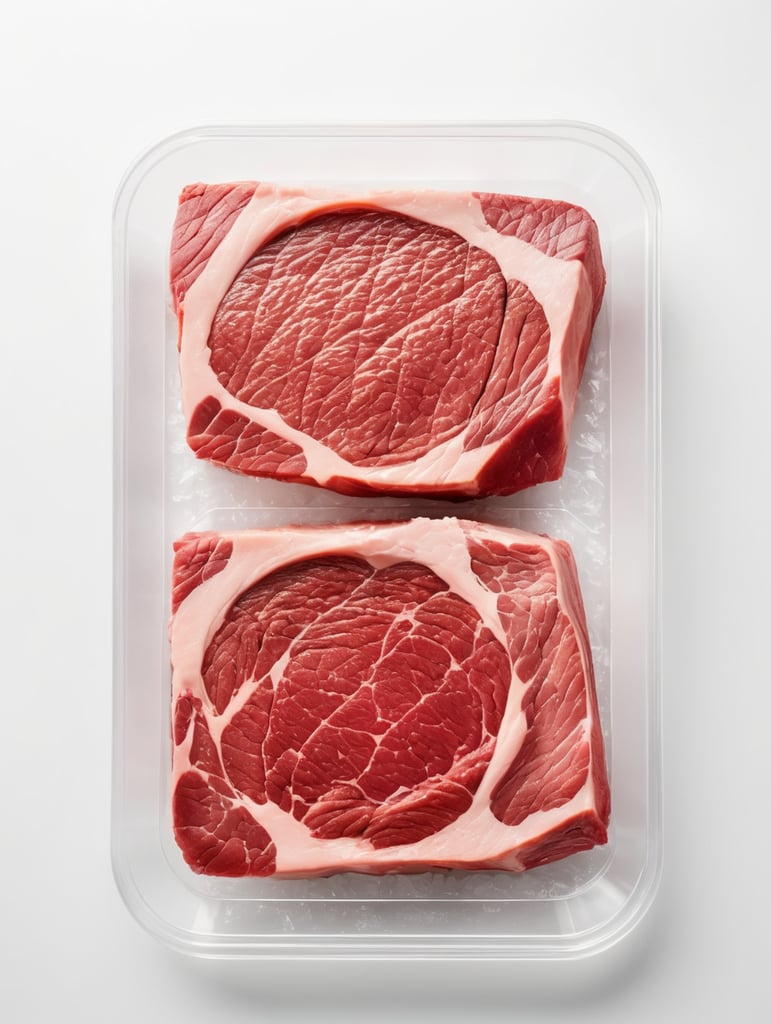 ready of cooking steak new york in a transparent plastic tray, top view, isolated, mockup