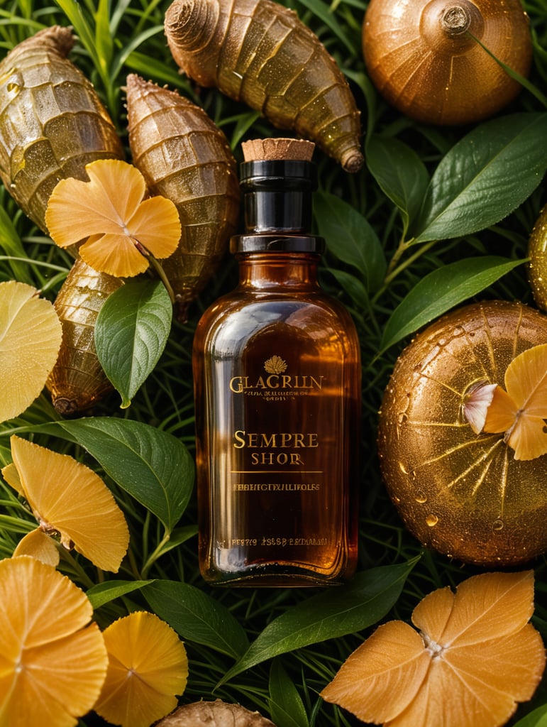 Compose an authentic and visually captivating photograph featuring a middle-sized amber glass bottle surrounded by the lushness of green grass, with a focus on detailed ginger scattered around it. Pay meticulous attention to the textures and details of both the ginger and the glass bottle, capturing the play of light and shadow. Utilize natural lighting to enhance the vibrancy of the ginger and the reflective surface of the bottle. Create a visually engaging composition that highlights the natural and organic elements, showcasing the rich textures and earthy tones of ginger in harmony with the glass container amidst the backdrop of fresh green grass."