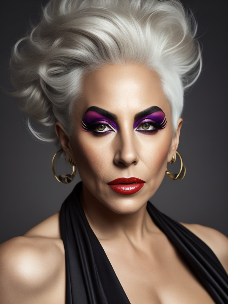 Lady Gaga a 70yr old singer with bright dramatic make-up and wild hair, beautiful pores and skin texture, detailed high resolution image, grey hair, Dior makeup, award winning fashion editorial image