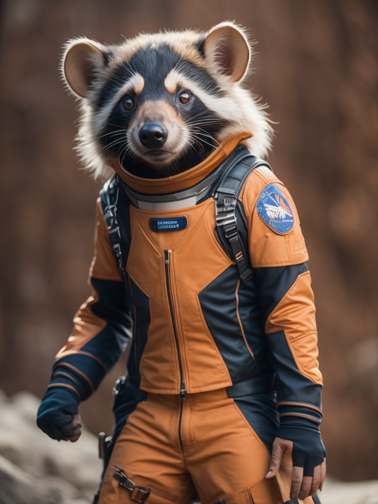 A Tasmanian devil like a Rocket Raccoon from Guardians of the Galaxy wearing astronaut costume on the Mars