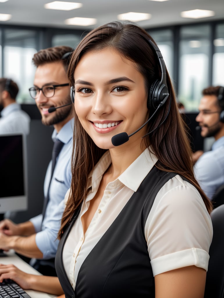 call center, young woman and smile in contact us with CRM, headset with mic, and mockup space. Customer service consultant, happy female, and telemarketing with sales and help desk.