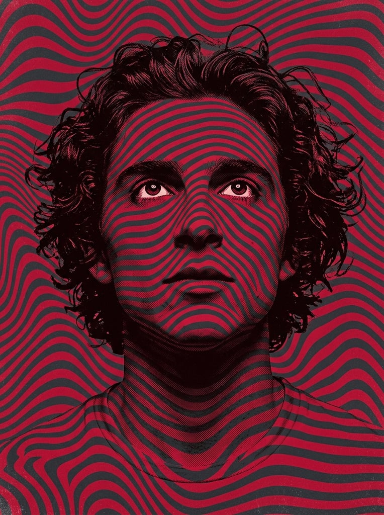 young man with dark curly hair, intense upward gaze, face and background unified by seamless bold red and dark grey undulating stripes, wavy hypnotic optical illusion, high-contrast graphic portraiture