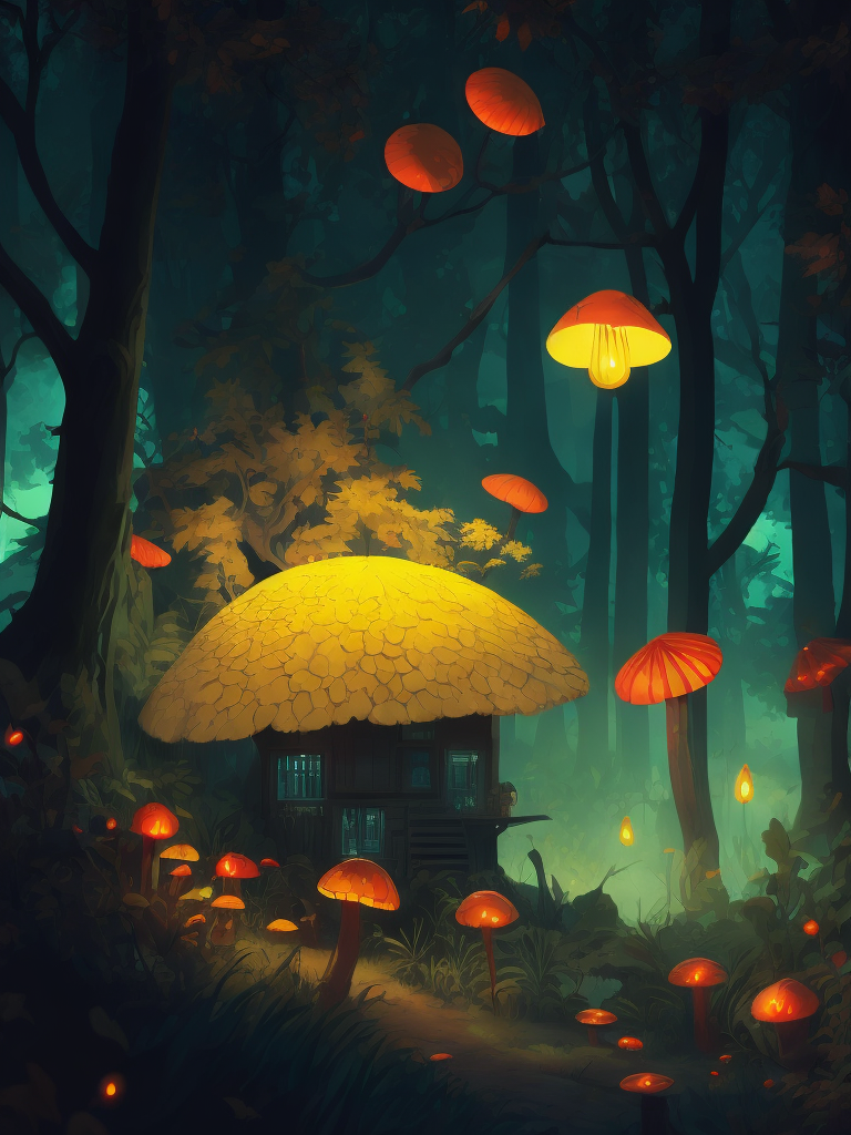 The house in the forest, dark night, leaves in the air, fluorescent mushrooms, animals, gibli, atey ghailan, lois van baarle, jesper ejsing, ernst haeckel, pop art patterns, exquisite lighting, clear focus, very coherent, very detailed, contrast, vibrant, digital painting