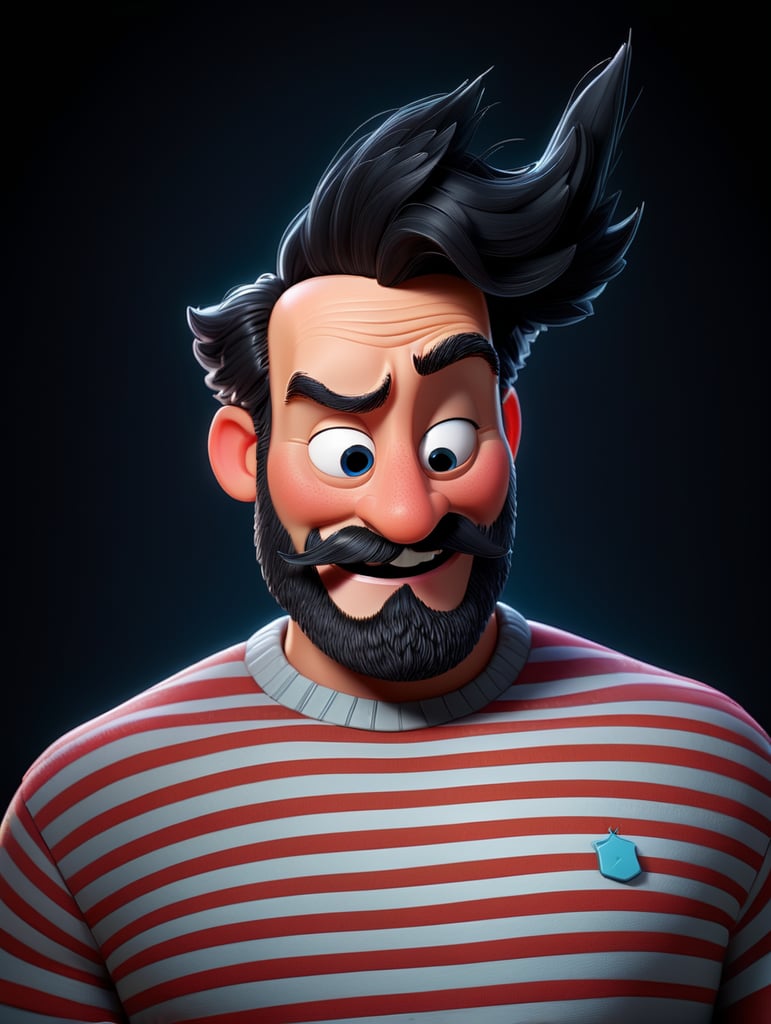happy smile, black beard, cartoon 3d