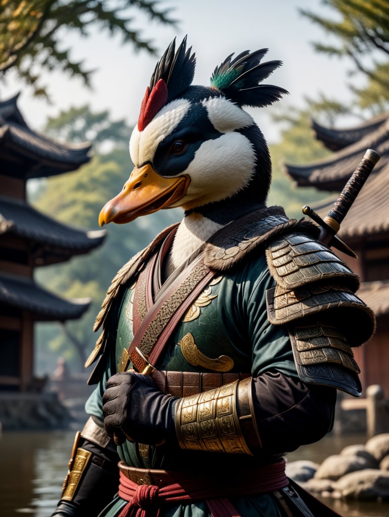 Duck samurai, battlefield, hyper realistic