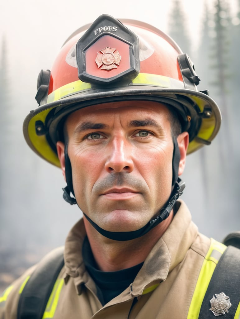 epic portrait of a Firefighter, forest fire, British Columbia Wildfire, Canada