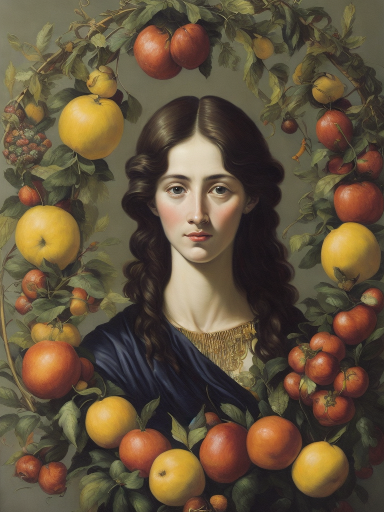 a painting of a woman's head surrounded by flowers and fruit