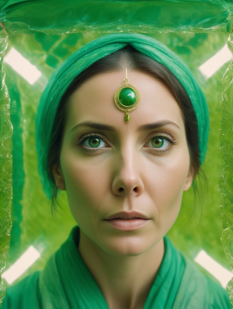 Portrait of a woman experiencing spiritual experience, wrapped green film, Wes Anderson style