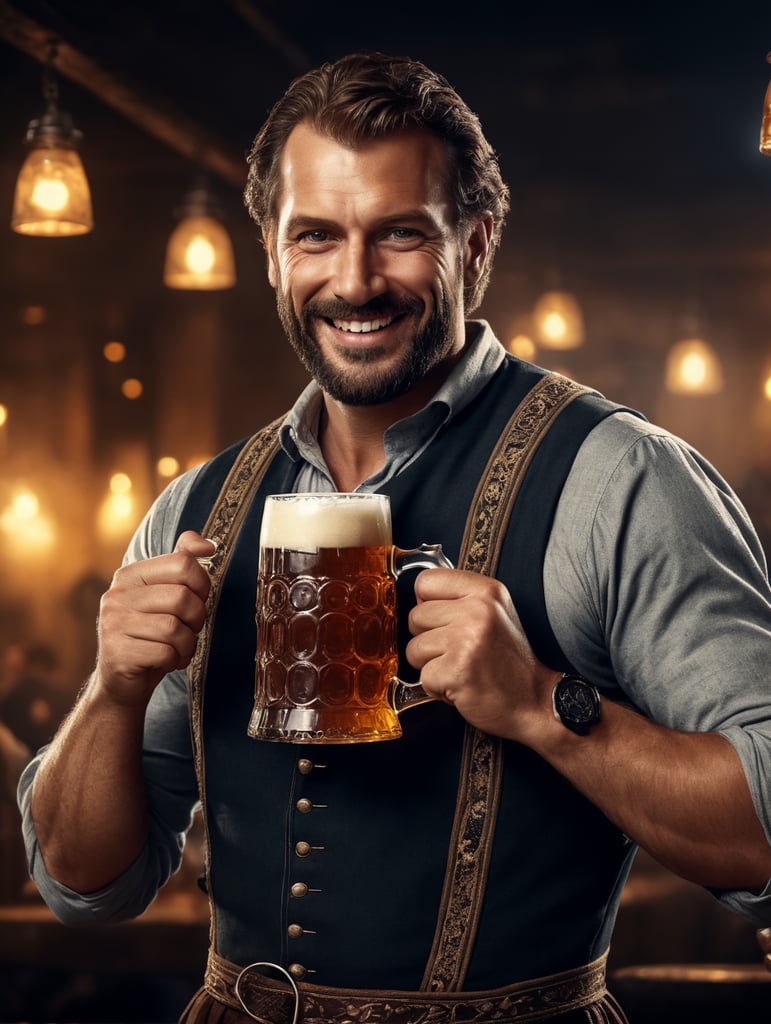 Bavarian man holding a mug of a beer, happy, traditional german costume, Oktoberfest, poster