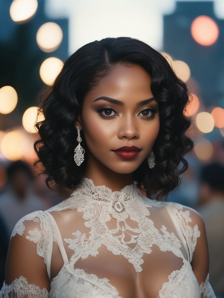 attractive, flirty young black woman, wearing a transparent lace blouse with a big cutout, 20 years old, beautiful charming, curves, day of the dead parade, twilight, city lights, movie still from a Denis Villeneuve thriller, Enemy, photos taken by ARRI, anamorphic lens, incredibly detailed, 35mm film grain, details + professional lighting, photography lighting + 35mm + lightroom gallery, Arriflex 35, Eastman Color Negative II 100T 5247