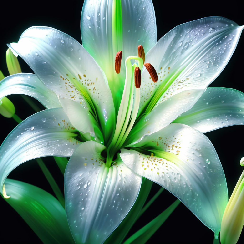 bioluminescent white flower Lily, hyper detailed rendering, 4k, magic light, neon watercolours
