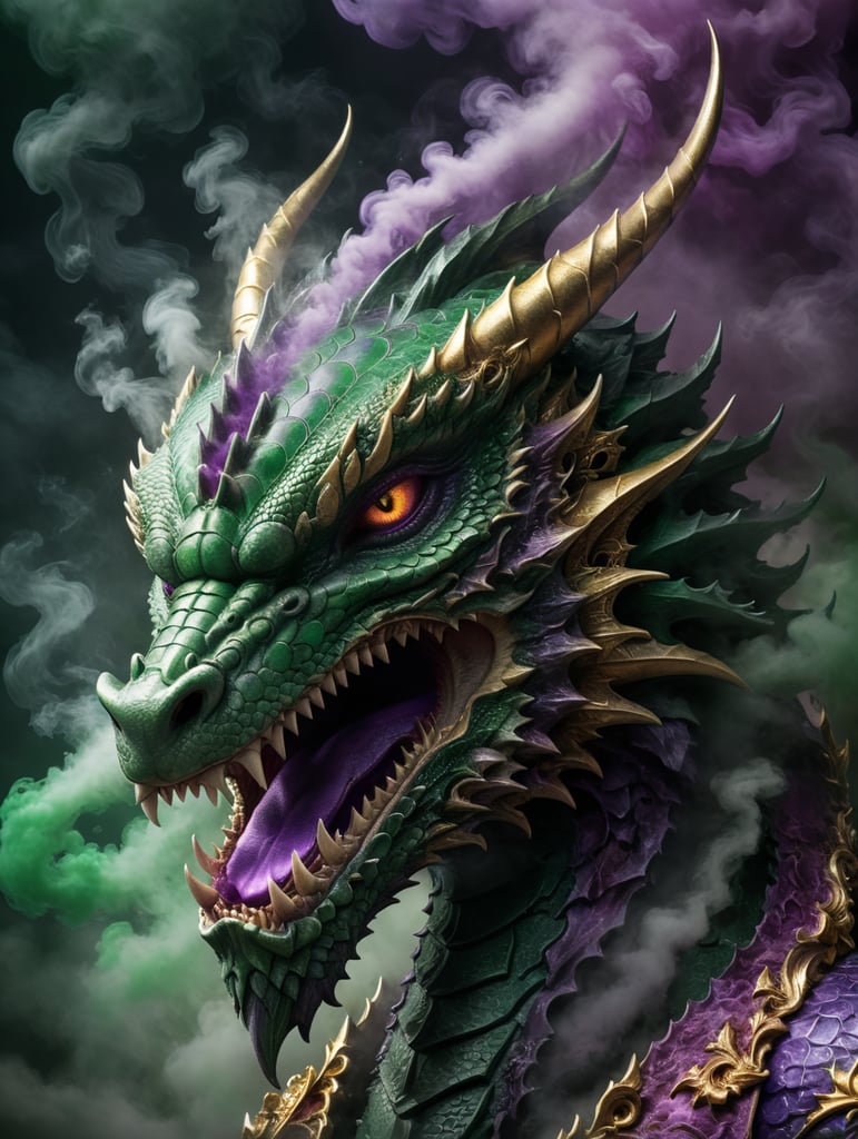 masterpiece, best quality, high resolution, close-up, mystical, dragon head, dark green and purple smoke background, ornate design surrounding the main image