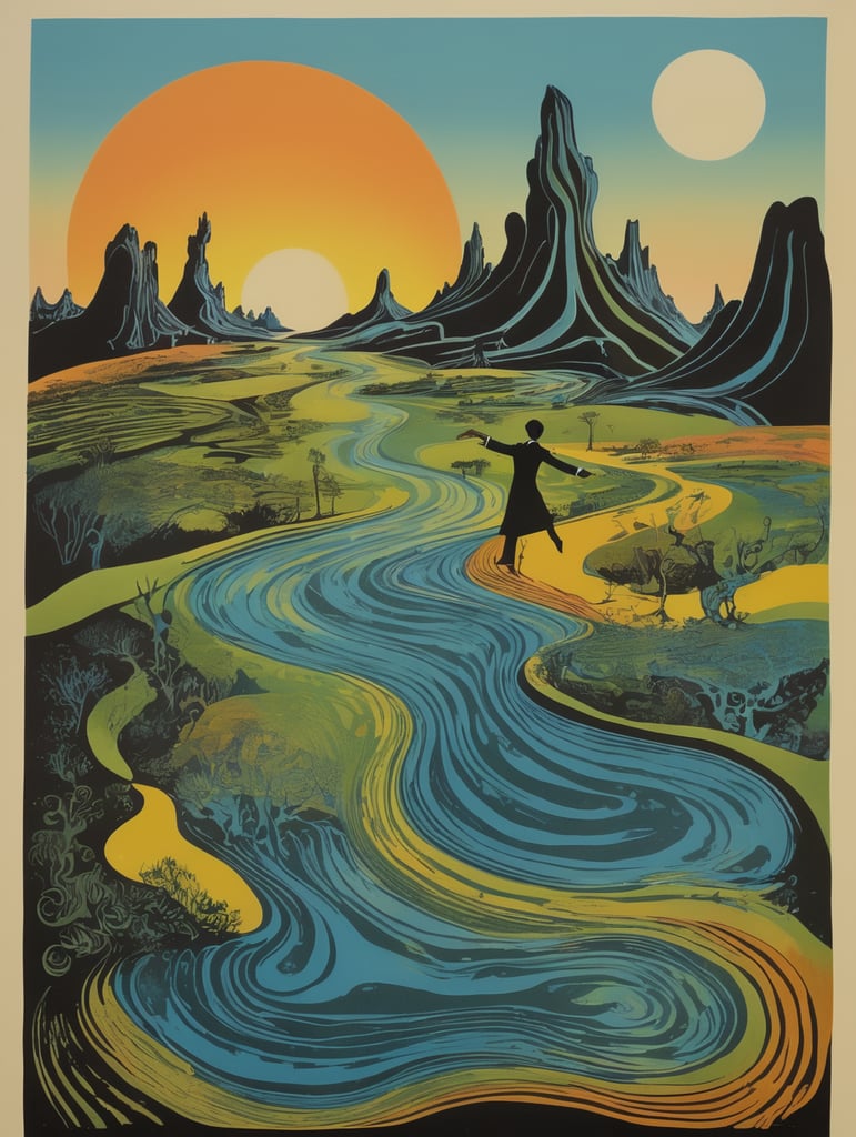 60's Era Jazz Album Cover, Dancing, Psychedelic, Earth, Salvador Dali Large Landscape linocut, surrealism dripping landscape