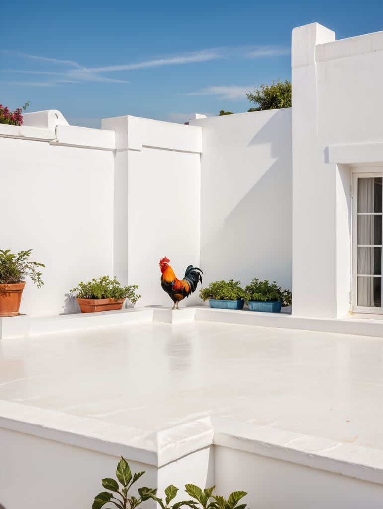 White rooftop with colorful plants. At the background are flat rooftops of other White House’s in the style of a Spanish village. Blue sky, high detail. Rooster sitting on the parapet