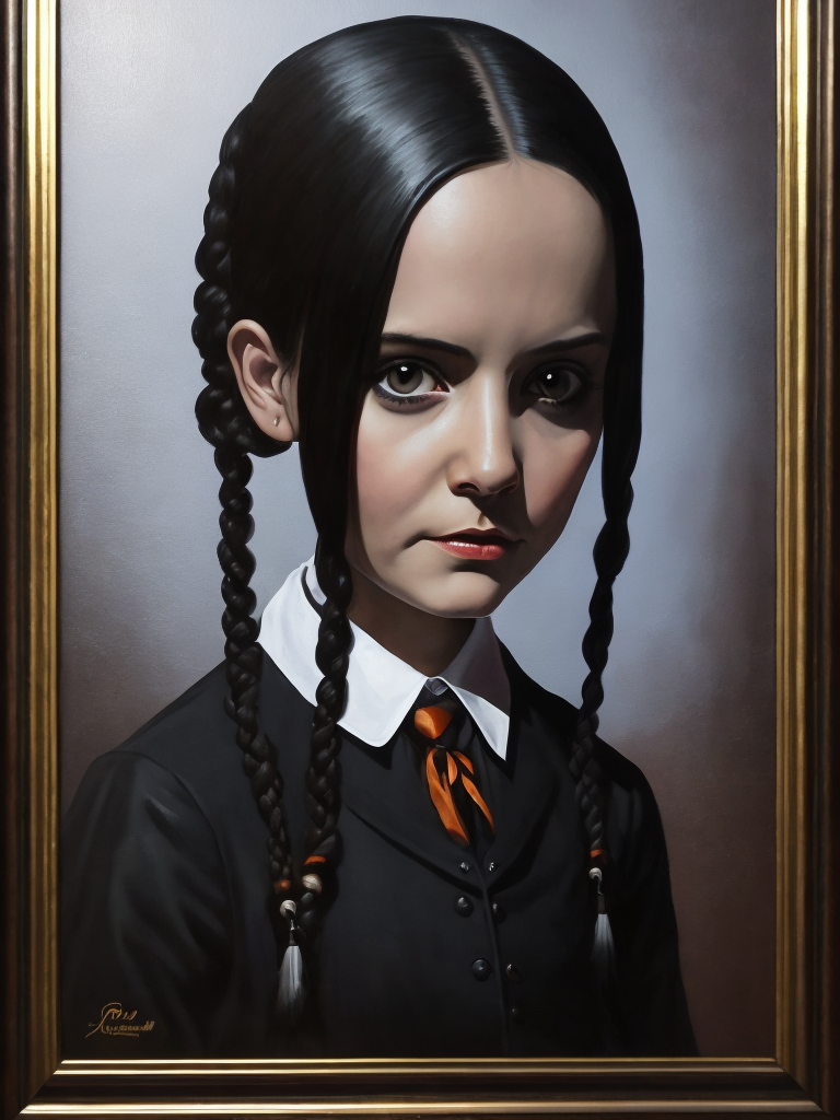 Detailed paint of wednesday addams, highly detailed painting by ray donley, royal painting, dynamic lighting, colorful lighting