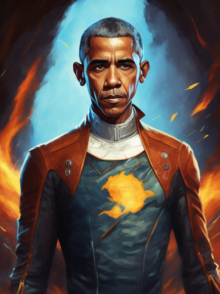 Barack Obama, Hero portrait, Illustration, Painting, Fantasy, Sci-Fi, Cover Art, USA , style of Vincent Di Fate