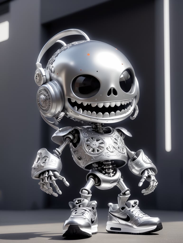 silver complete body, head, arms, legs, feet 3d model unreal engine render of a full body portrait shot of VVS Covered with silver Cluster Gamer Skeleton character as a metal roman sculpture playing video games covered in bright graffiti, wearing silver high fashion Clothing and silver Nike Air Max 1 '86 OG "Doernbecher" Shoes, silver big teeth, silver urban street wear. reflective perfect black studio Lighting with bright rim light high contrast ultra sharp