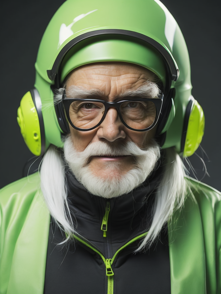 a gnome from fairytale 76 years old wearing a neon green helmet dressed in athletic clothing and glasses, in the style of futuristic glam, retro futurism, neon green clothing, glasses without color, clear glass, long white hair, teal background, mike campau, anton fadeev, high gloss, mono-ha