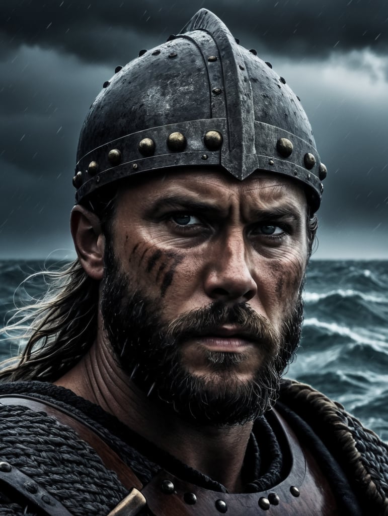 A portrait of viking warrior at the boat in the ocean, stormy weather