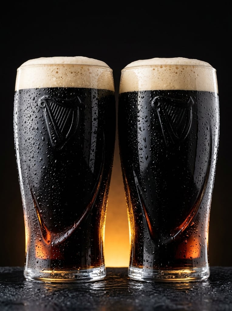 two tall tulip pint glasses filled with jet-black stout beer, thick creamy white foam heads, heavy condensation and fine water droplets coating the glass exteriors, sweeping embossed curved ridges molded into the glass surfaces, macro product photography, warm glowing amber backlight illuminating the glass bases, smooth gradient fading into a deep solid black background, sharp edge lighting reflecting off the moisture, photorealistic, rich high-contrast lighting
