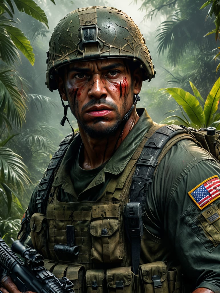 U.S Soldier, Jungle, stare, tired, blood.