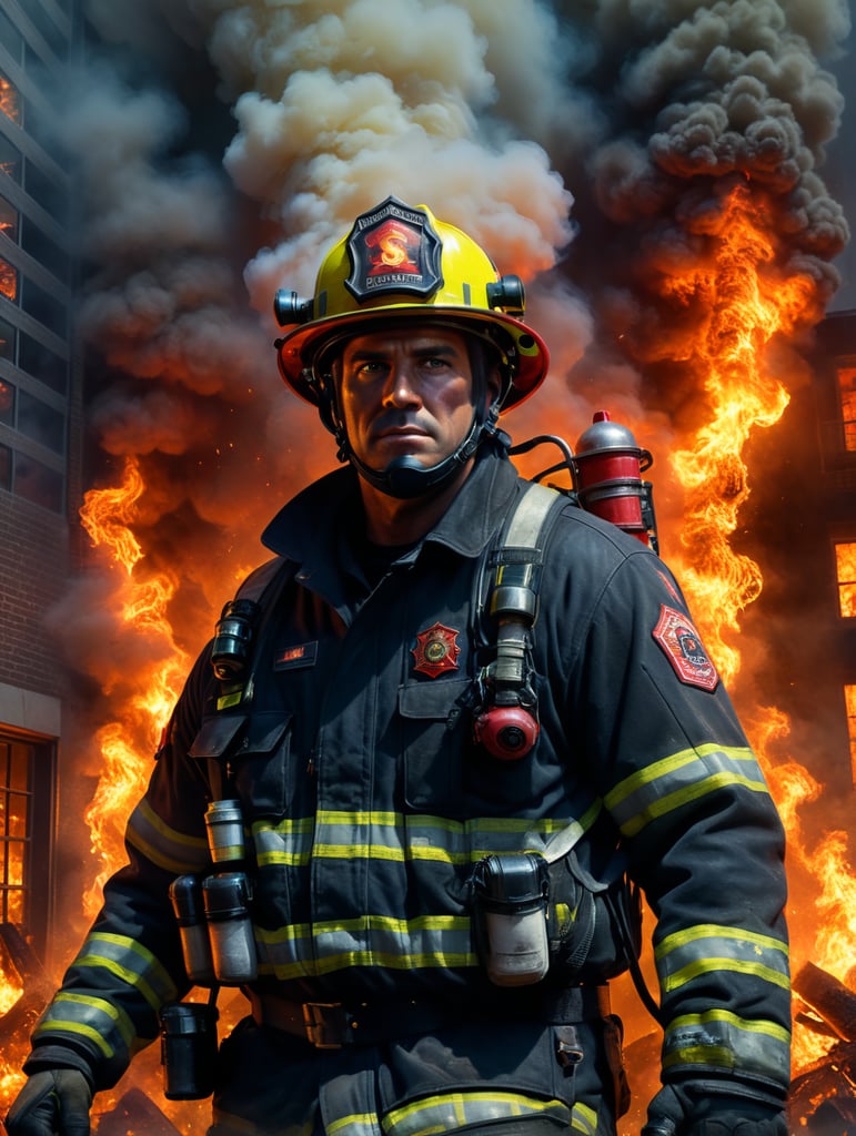 Firefighter, front facing, in a burning office building, fire, smoke, embers, realistic