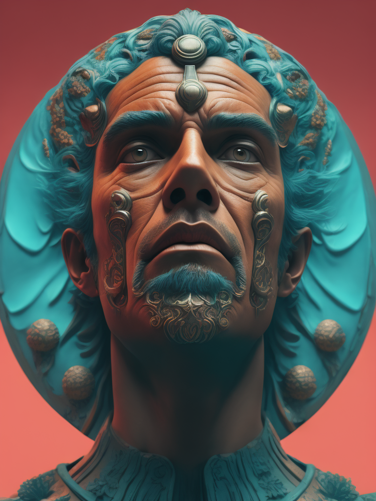 Human head on a pink colored background, in the style of dark cyan and light aquamarine, neoclassical sculptures, photo - realistic techniques, light cyan and orange, fluid photography, photo - realistic hyperbole, neoclassical figures, live eyes