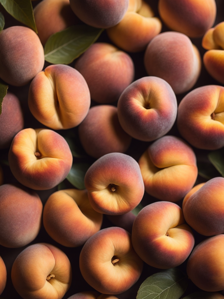 Peaches pattern with green leaves, detailed Peaches, macro photo