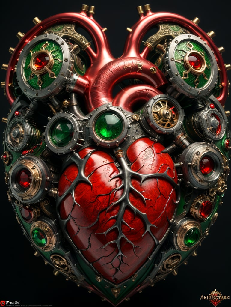 human heart made by a skilled craftsman in medieval steampunk style with red and green color