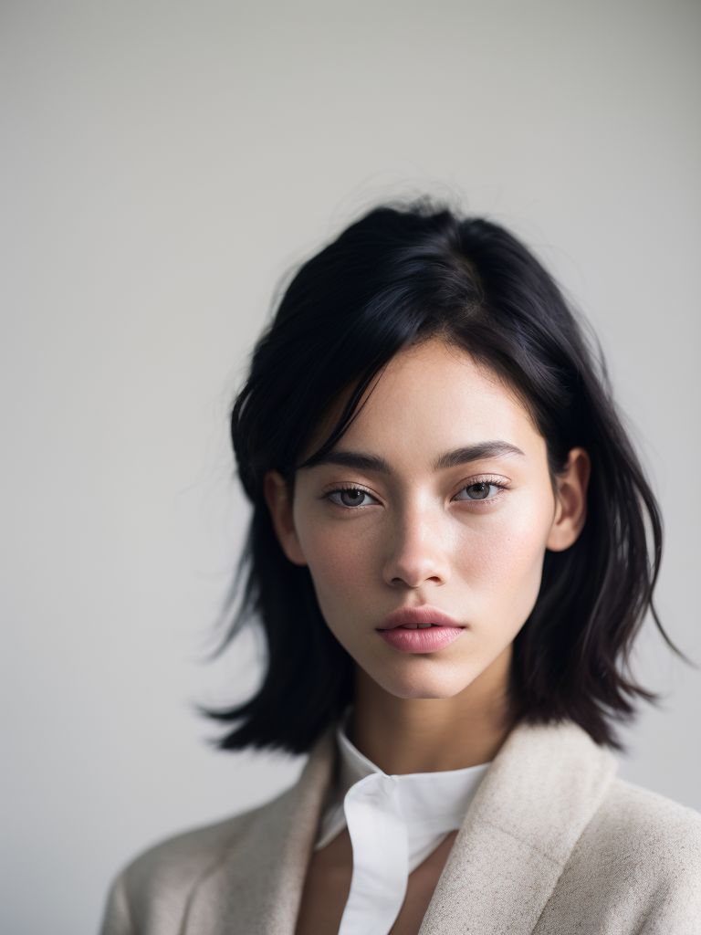 A photo close-up of a beautiful black haired woman with freckles, fashion editorial, studio photography, magazine photography, pointed nose, blurry background