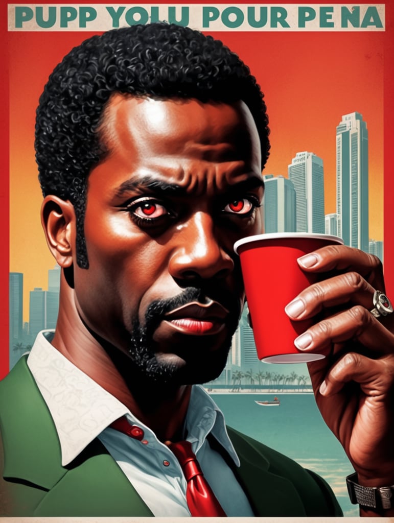 Miami black man holding a red cup eye-catching poster-style drawing and illustration representing the iconic pulp style.