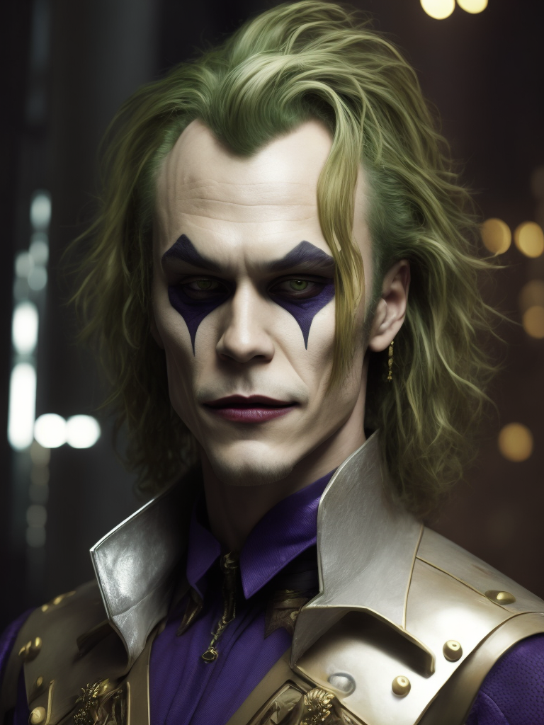 Ultra-sharp photography of male hero, heath ledger as dc joker sitting in an high fashion pose, bust shot, cybernetic face & body, perspective from under, + cinematic shot + dynamic composition, incredibly detailed, sharpen, details + pose from a hajime sorayama painting + steampunk suit with gold ornate armour attire with filigree details + futuristic city in background + evening with light + perfectionism + ultra detailed hair + ultra detailed skin + ultra detailed eye + dc joker in super haute couture + art by emil melmoth, giger, marcin nargraba, rebecca millen + high fashion + award winning realism + the composition is balanced and dynamic