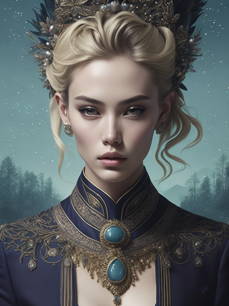 A beautiful painting featuring a young blonde woman and jewelry, in the style of zhang jingna, rinko kawauchi, baroque - inspired details, dark gold and light blue, fanciful, dreamlike imagery, hyper - realistic details, enchanting realms