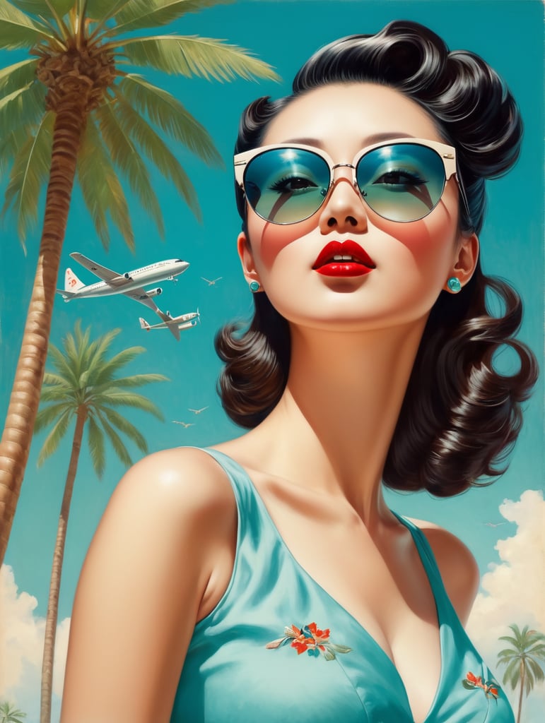 Pin up art, portrait, a chinese woman raised her head up, looks at the sky, sunglasses, one airplane flies in a clear sky and leaves a mark, summer, palms around, palms reflected on a sunglasses, turquoise shades, style by Gil Elvgren