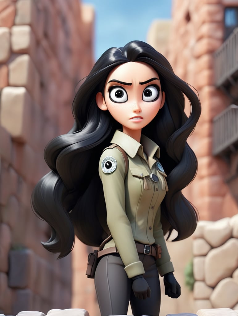 Female with long black hair and dark black eyes from attack on Titan who wear 3D Survey Corps maneuver kit and Walls background