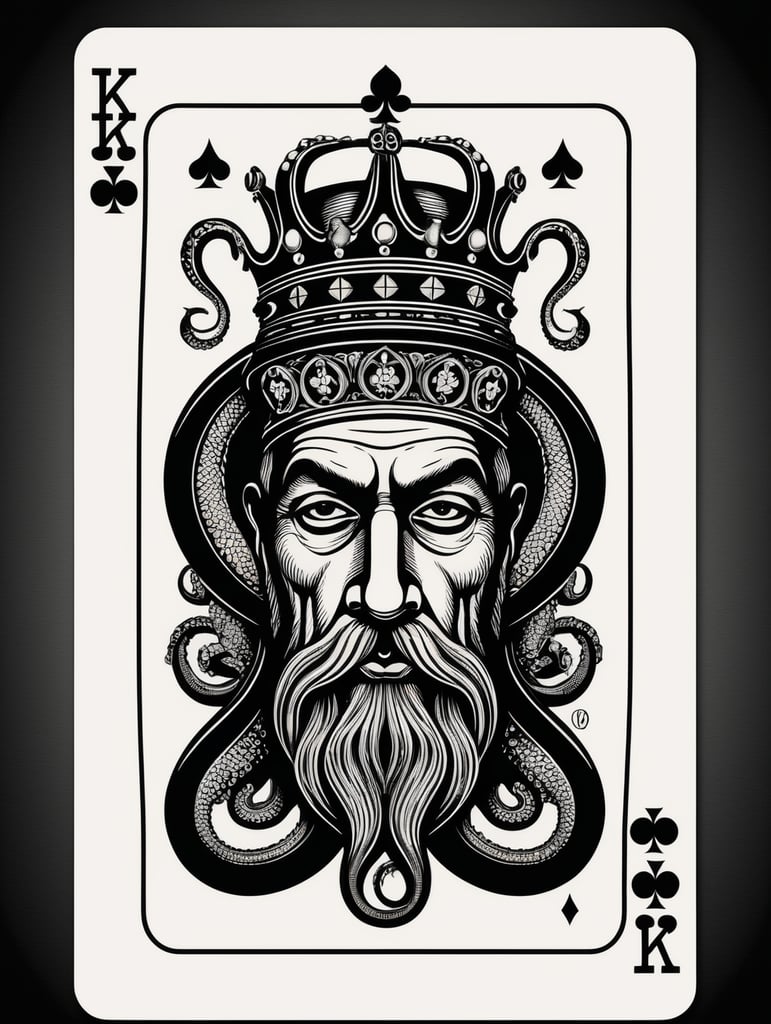 king octopus of clubs playing card, face card, linocut art style, black ink, ultra realism, simple lines, vector