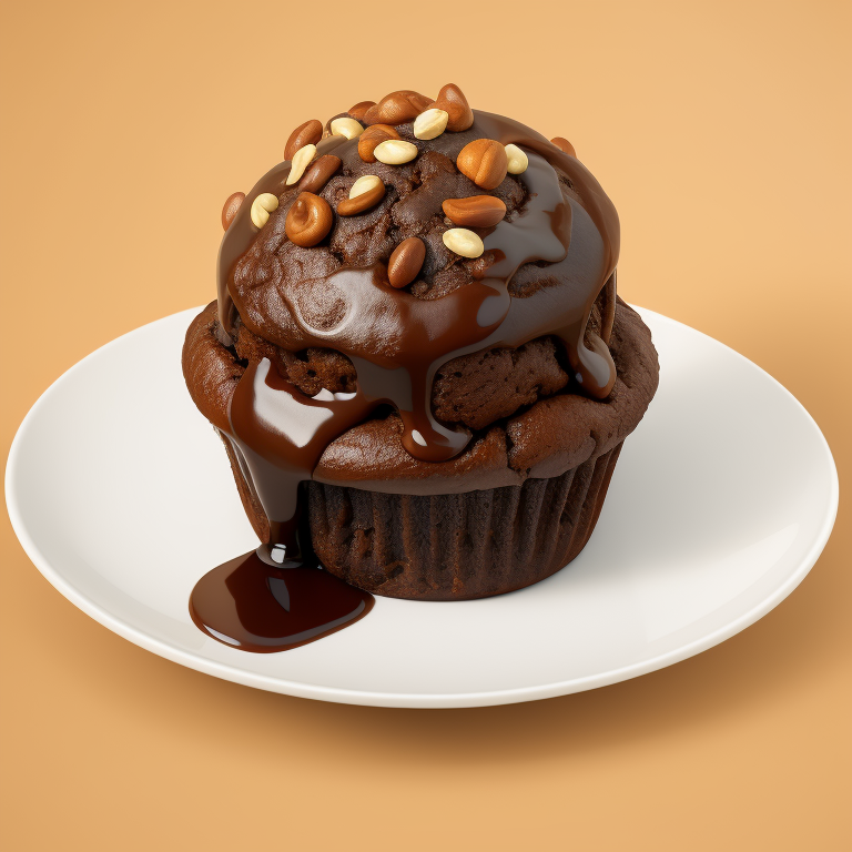 chocolate muffin with nuts on a plate, focus on details, high quality photo