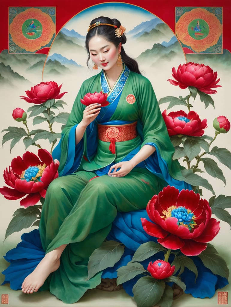 Female, classical, green skin, sitting with her feet up on a red peony flower, holding a blue peony flower in one hand and putting it down with the other hand, Thangka