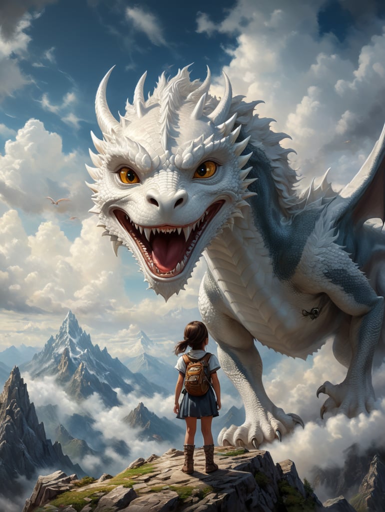 little young girl looking up at the mountain rear view camera angle, a very far distance a friendly smiling white dragon flying in the white cloudy sky, fantasy, realistic