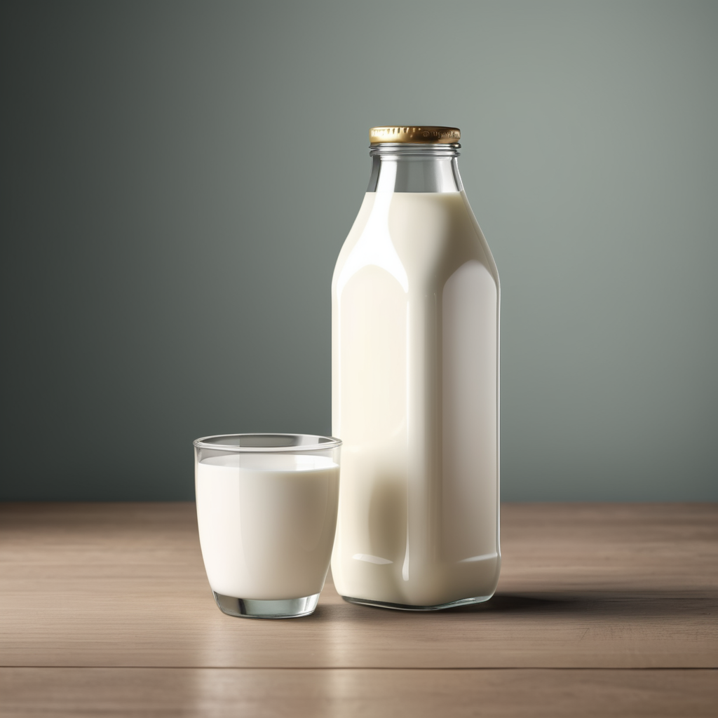 A mockup of a square glass bottle of milk.