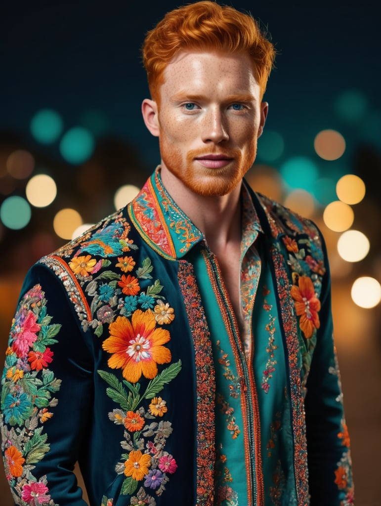 Beautiful ginger man with freckles, wearing a colorful, vibrant, detailed embroidered jacket, medium-full shot, at night