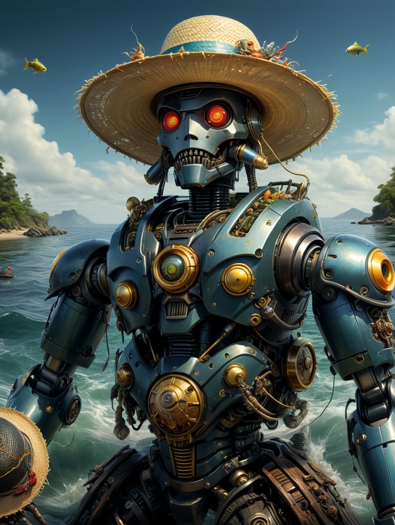 A robot android that catches fish in the sea and wears a straw hat