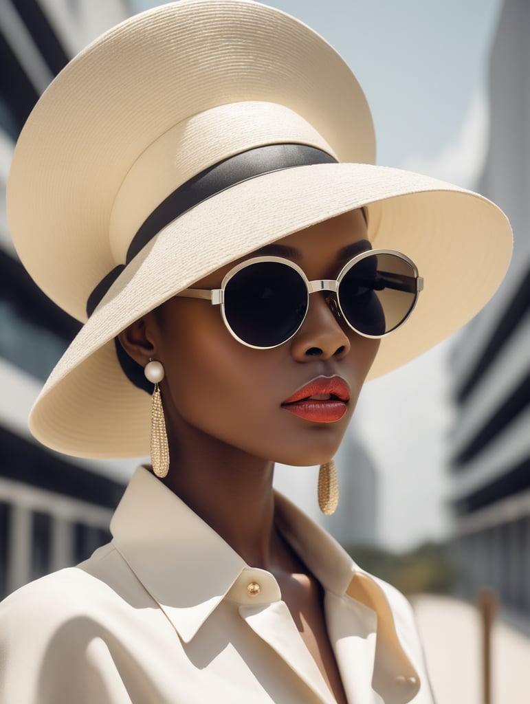 Fashion design work feauturing a (Chanel) female (Nigerian) model wearing minimalist women’s clothing, wearing a big hat and Chanel sunglasses, shot in a Bauhaus buiding with bright and soft lighting, creative a minimalist and sleek style with a sense of sophistication and high end feeling, fine lines and intricate details, realistic anatomies, Nikon D800