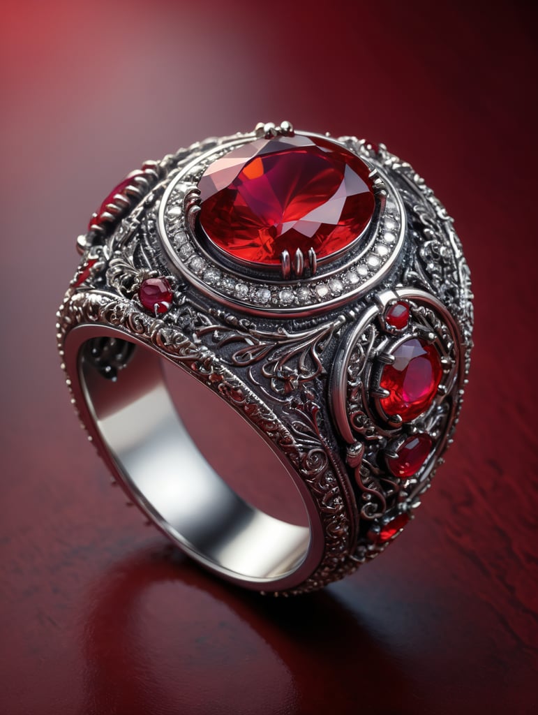 Royal silver ring with ruby, fantasy style, bright red background, rich colors, contrasting light, deep colors, high details