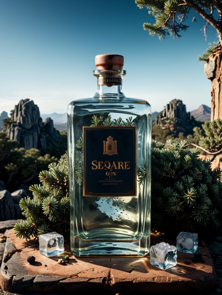 professional photography of a square gin bottle, square bottle, surrounding a juniper and juniper berries, one shot of tequila, salt, no label, clear, mockup