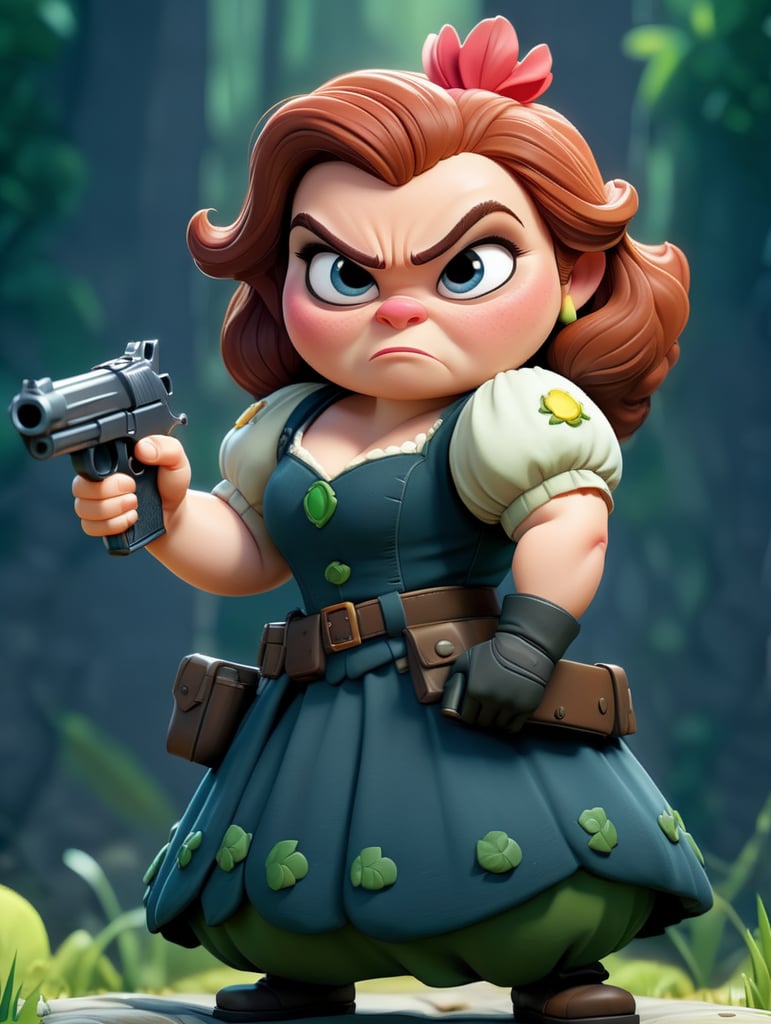 grumpy dwarf of snow white in a swat dress, pointing with a gun, cartoon style