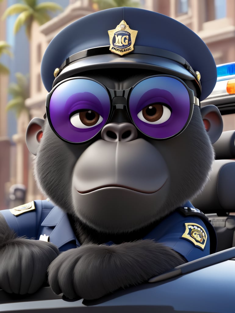 Gorilla police officer, sitting behind the wheel of a police car, close-up shot, sunglasses, clipart, stock photo